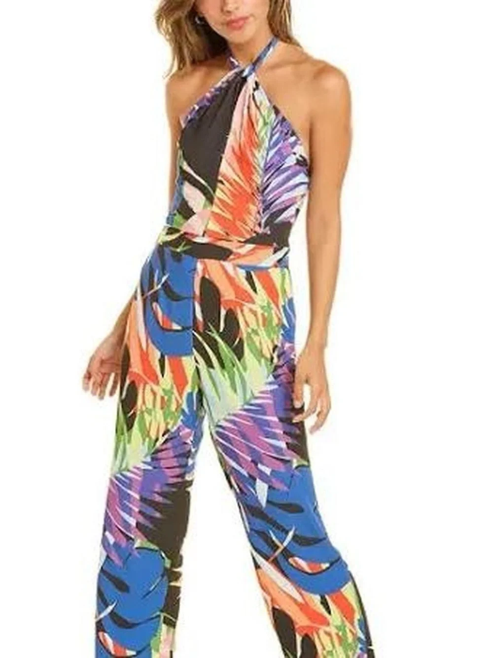 NWT Natori tropical Resortwear Monstera Jumpsuit halter Flare leg Retro  Size 0